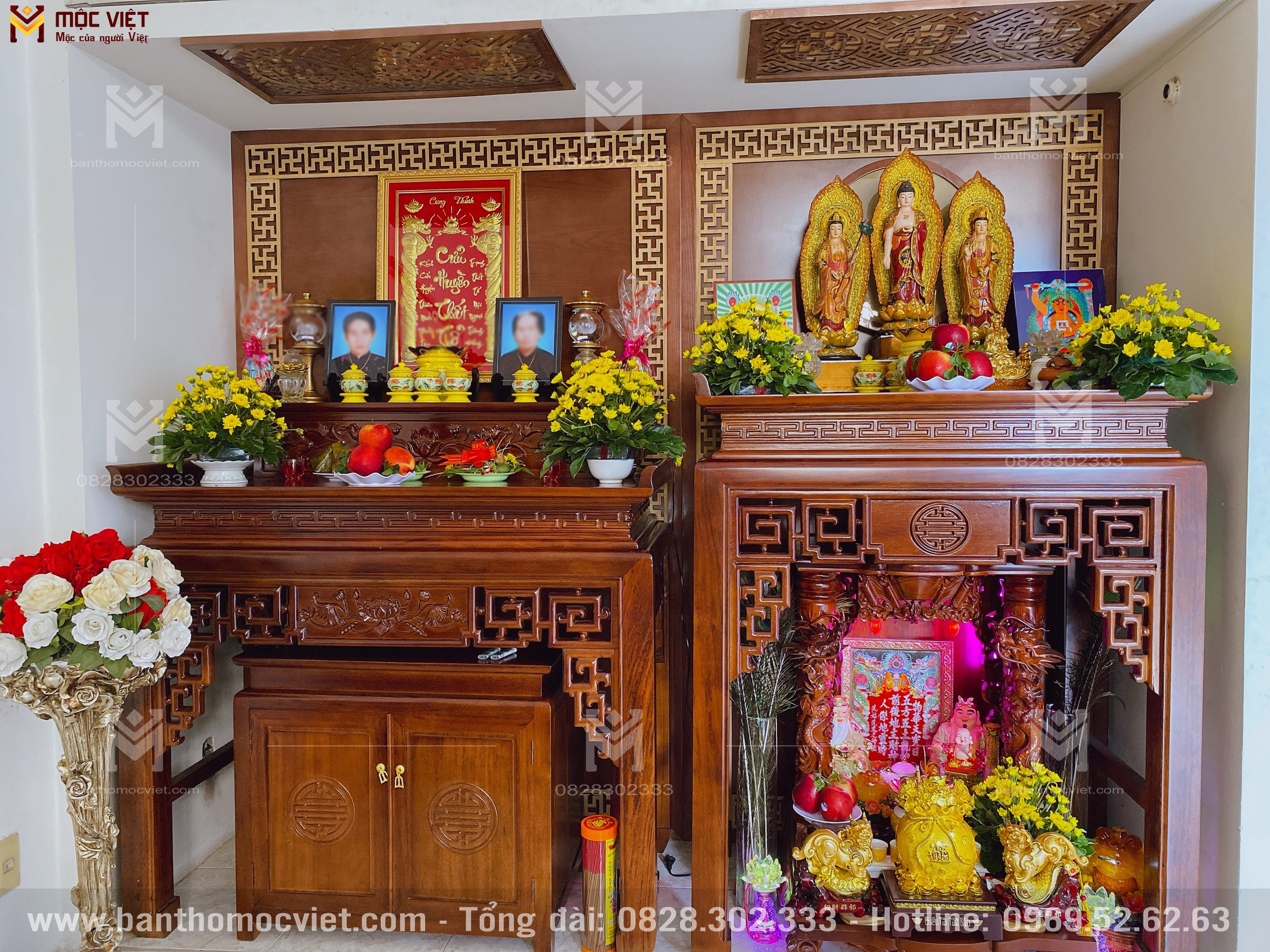 Bức cửu huyền bằng vàng lá treo trên bàn thờ gia tiên được chế tác tại Đồ  Đồng Sài Gòn