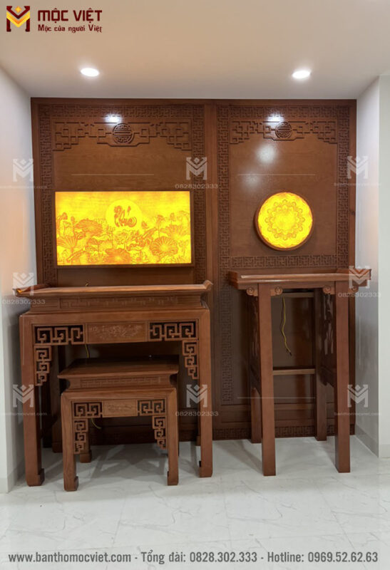 Bàn thờ phật cao hơn bàn thờ gia tiên tạo nét đẹp sang trọng ấm cúng