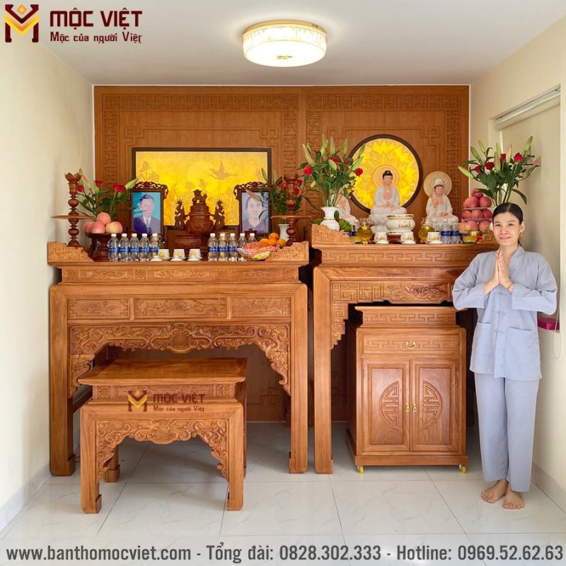 Bàn thờ ở nhà mới được chủ nhà bố trí trang nghiêm ấm cúng