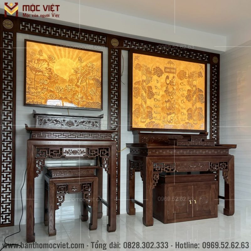 Bàn thờ phật 2 tàng được thiết kế cao hơn bàn thờ gia tiên đảm bảo yếu tố phong thủy trong thờ cúng