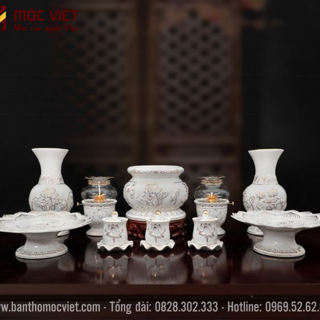 Bộ Bát Hương Hoa Sen Bạch Ngọc