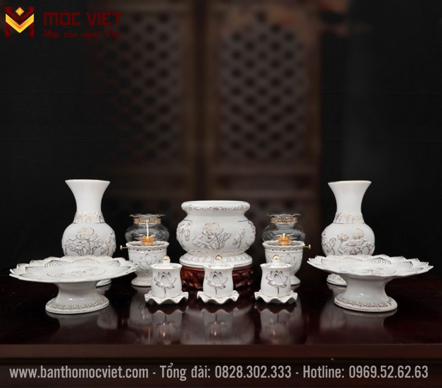 Bộ Bát Hương Hoa Sen Bạch Ngọc