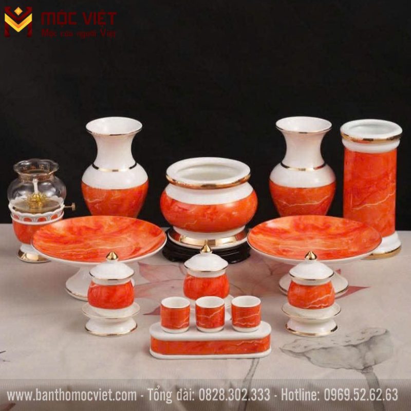 Bộ bát hương vân đá đỏ đẹp